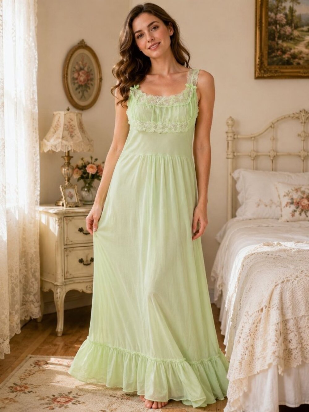 Vintage Wards Womens Lingerie Nightgown Lace Dupont Nylon Green Bows Size 34